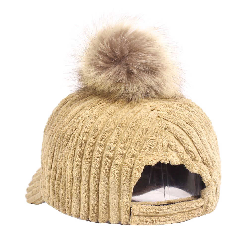 Women-Girls-Winter-Corduroy-Thick-Strip-Pompom-Outdoor-Sports-Baseball-Peaked-Cap-1349738