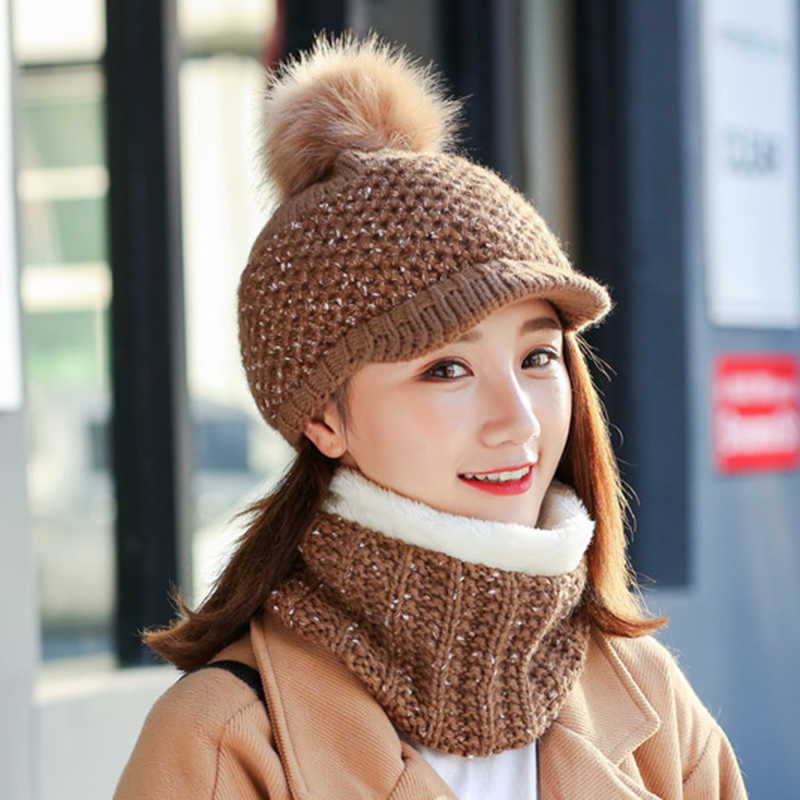 Women-Girls-Winter-Wool-Knit-Peaked-Hat-Beret-Plus-Neck-Warmer-Casual-Outdoor-Cycling-Cap-1369864