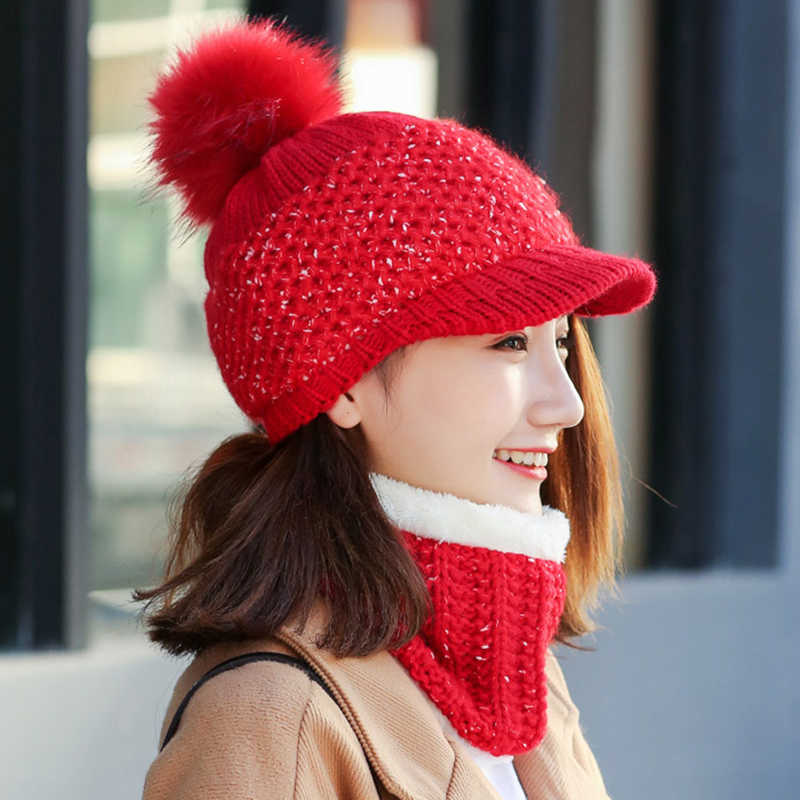 Women-Girls-Winter-Wool-Knit-Peaked-Hat-Beret-Plus-Neck-Warmer-Casual-Outdoor-Cycling-Cap-1369864