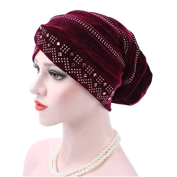 Women-Gold-Velour-Stretch-Turban-Hat-With-Diamond-Autumn-Casual-Warm-Solid-Beanie-Cap-1205266