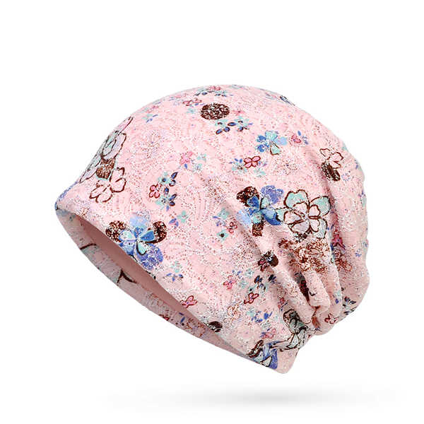 Women-Lace-Jacquard-Beanie-Hat-Cotton-Bonnet-Flower-Print-Casual-Autumn-Windproof-Cap-1186095