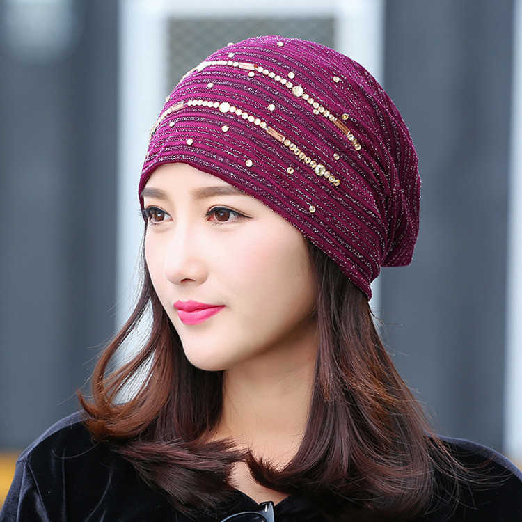 Women-Lace-Stripped-Rhinestone-Skullies-Beanie-Caps-Casual-Soft-Elastic-Bonnet-Hat-1258026