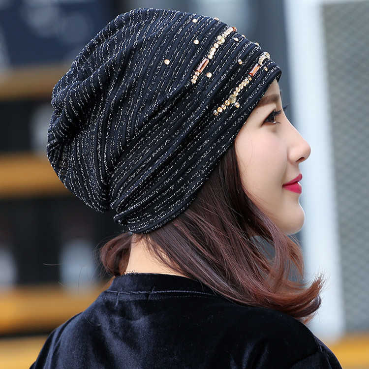 Women-Lace-Stripped-Rhinestone-Skullies-Beanie-Caps-Casual-Soft-Elastic-Bonnet-Hat-1258026