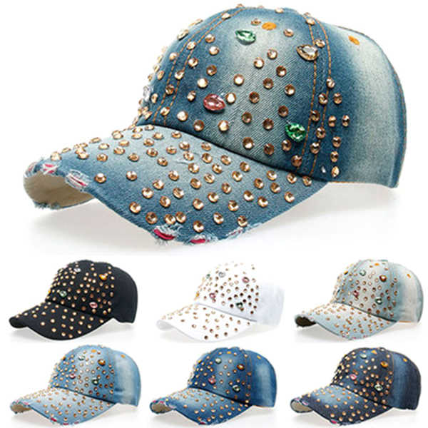 Women-Ladies-Casual-Outdoor-Sport-Hat-Bling-Spot-Drill-Cowboy-Baseball-Peaked-Cap-1045749