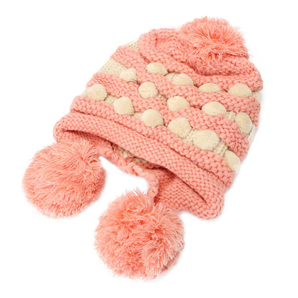 Women-Ladies-Crochet-Knitted-Big-Ball-Mixed-Color-Ear-Muff-Beanie-Cap-Earflap-Winter-Hat-1015809