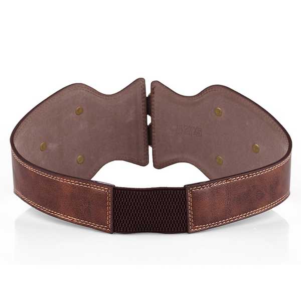 Women-Lady--Crazy-Horse-PU-Leather-Needle-Buckle-Elastic-Wide-Belt-Brown-Color-Wristband-Strap-1064279