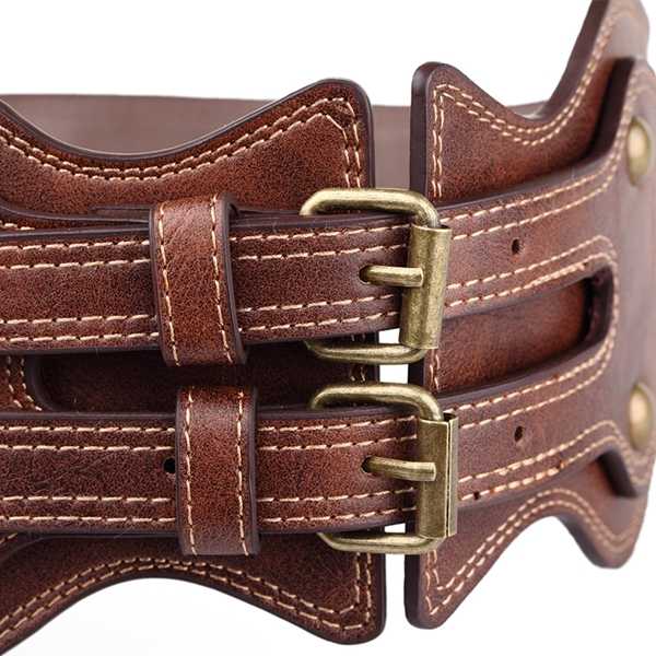 Women-Lady--Crazy-Horse-PU-Leather-Needle-Buckle-Elastic-Wide-Belt-Brown-Color-Wristband-Strap-1064279