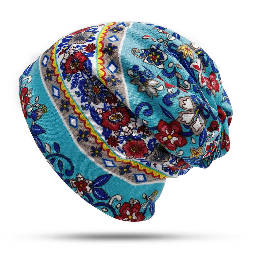 Women-Muslin-Ethnic-Multi-purpose-Plus-Velvet-Double-Layers-Beanie-Hat-Scarf-Earmuffs-Print-Skullcap-1378427