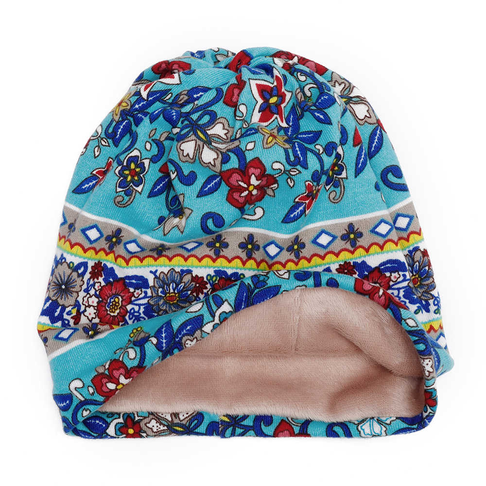 Women-Muslin-Ethnic-Multi-purpose-Plus-Velvet-Double-Layers-Beanie-Hat-Scarf-Earmuffs-Print-Skullcap-1378427