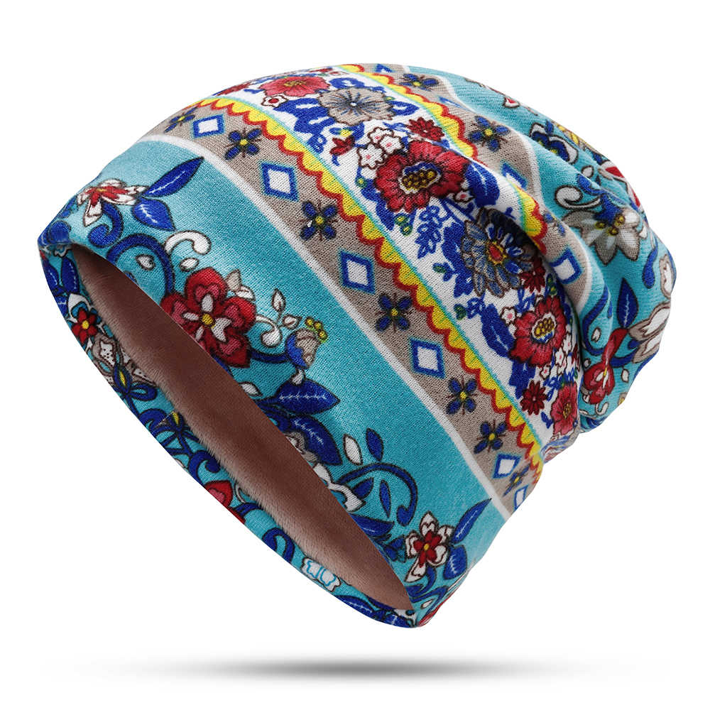 Women-Muslin-Ethnic-Multi-purpose-Plus-Velvet-Double-Layers-Beanie-Hat-Scarf-Earmuffs-Print-Skullcap-1378427