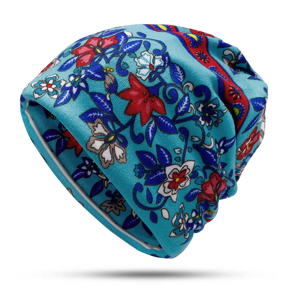 Women-Muslin-Ethnic-Multi-purpose-Plus-Velvet-Double-Layers-Beanie-Hat-Scarf-Earmuffs-Print-Skullcap-1378427