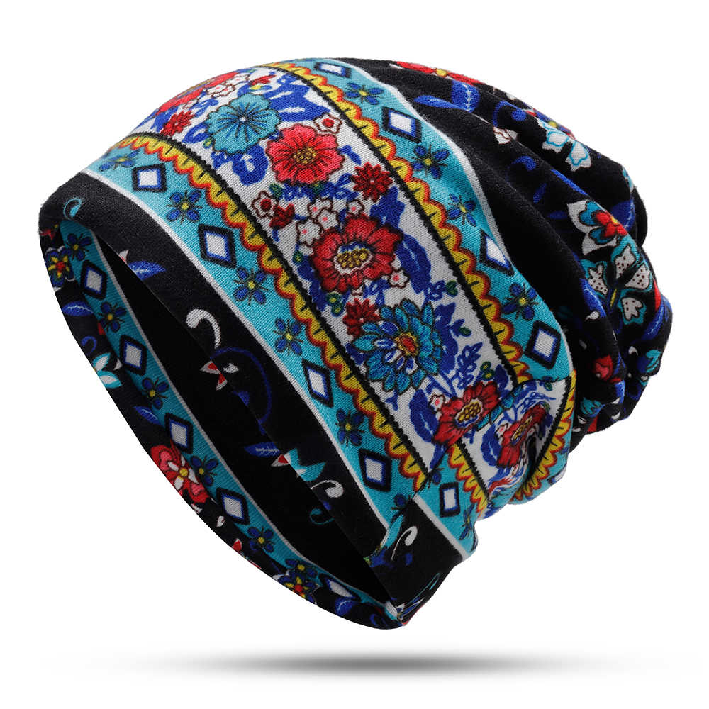 Women-Muslin-Ethnic-Multi-purpose-Plus-Velvet-Double-Layers-Beanie-Hat-Scarf-Earmuffs-Print-Skullcap-1378427