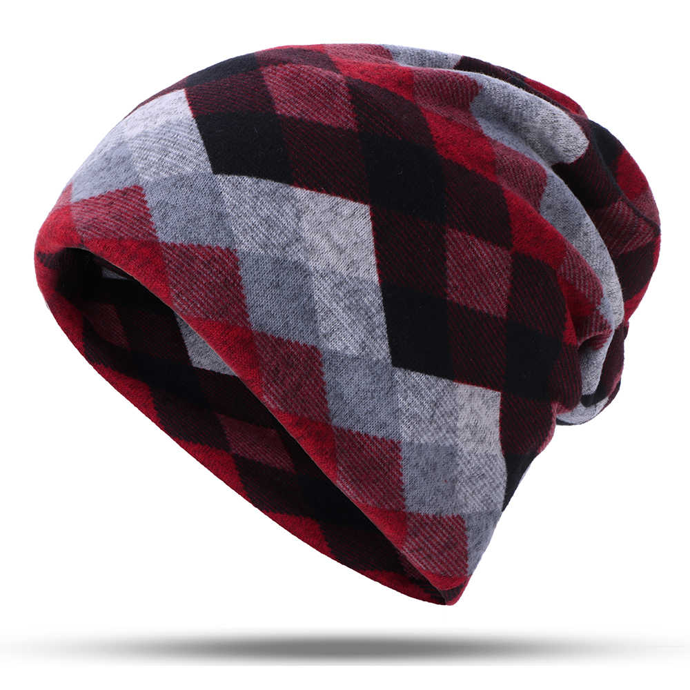 Women-Plaid-Slouchy-Ponytail-Beanie-Caps-Scarf-Outdoor-Messy-High-Bun-Skullcap-1398544