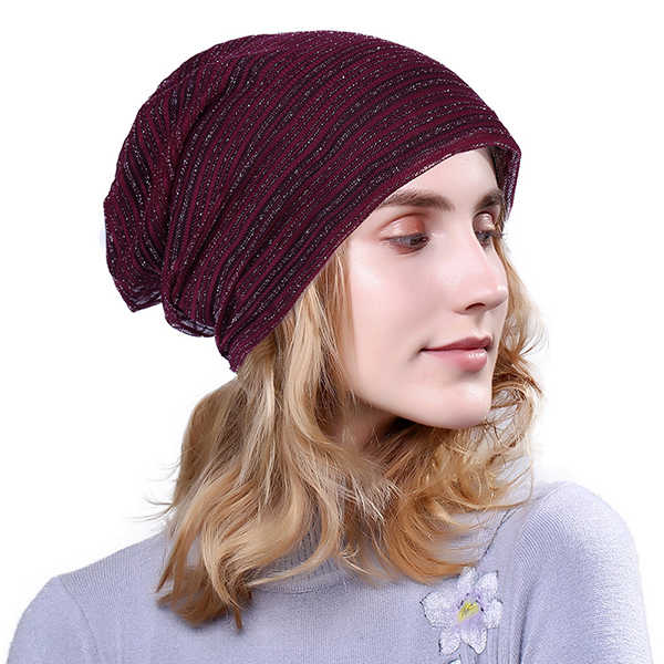 Women-Stripe-Cotton-High-Elastic-Beanie-Hat-Casual-Winter-Thicken-Warm-Head-Caps-1206526