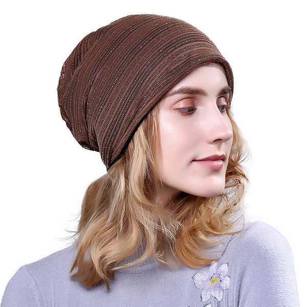 Women-Stripe-Cotton-High-Elastic-Beanie-Hat-Casual-Winter-Thicken-Warm-Head-Caps-1206526