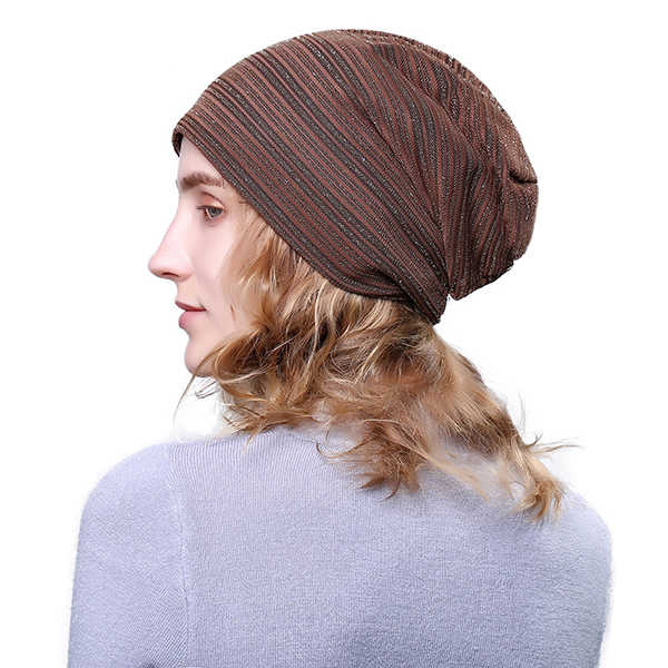 Women-Stripe-Cotton-High-Elastic-Beanie-Hat-Casual-Winter-Thicken-Warm-Head-Caps-1206526