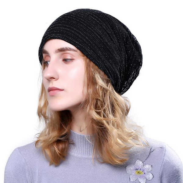 Women-Stripe-Cotton-High-Elastic-Beanie-Hat-Casual-Winter-Thicken-Warm-Head-Caps-1206526