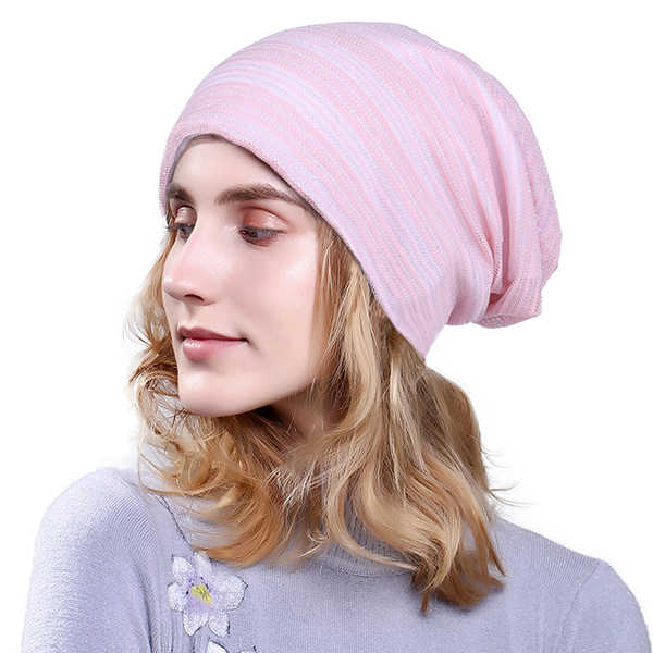 Women-Stripe-Cotton-High-Elastic-Beanie-Hat-Casual-Winter-Thicken-Warm-Head-Caps-1206526