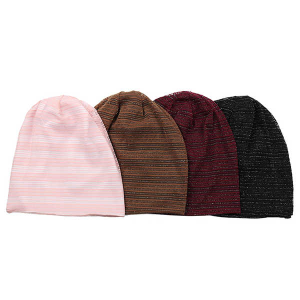 Women-Stripe-Cotton-High-Elastic-Beanie-Hat-Casual-Winter-Thicken-Warm-Head-Caps-1206526