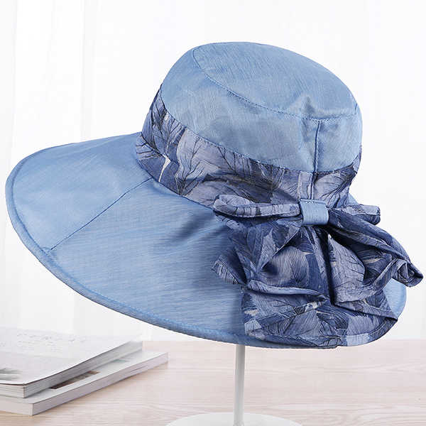 Women-Summer-Cotton-Wide-Brimmed-Hat-Packable-Beach-Bucket-Hats-Sunbonnet-With-Bowknot-1266953