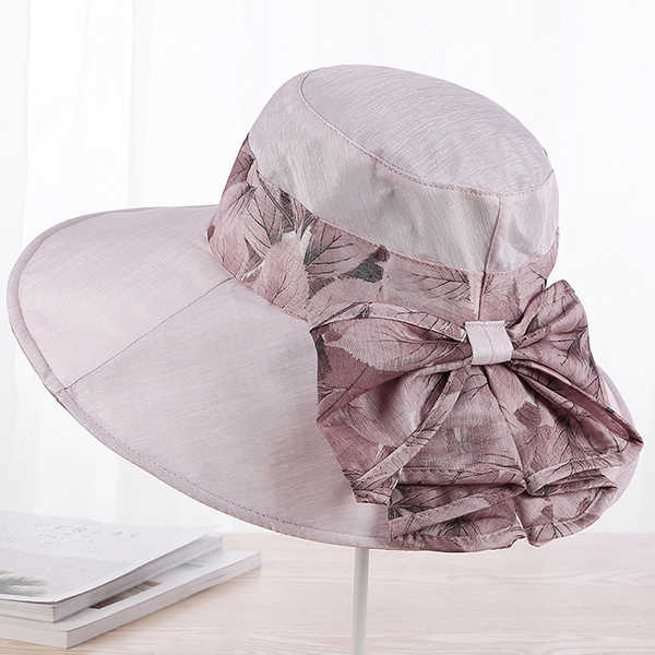 Women-Summer-Cotton-Wide-Brimmed-Hat-Packable-Beach-Bucket-Hats-Sunbonnet-With-Bowknot-1266953