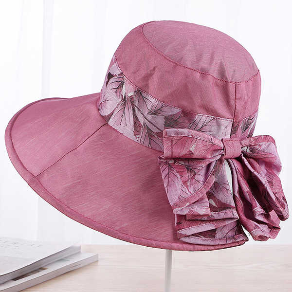 Women-Summer-Cotton-Wide-Brimmed-Hat-Packable-Beach-Bucket-Hats-Sunbonnet-With-Bowknot-1266953