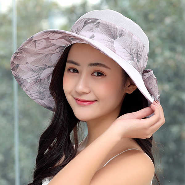 Women-Summer-Cotton-Wide-Brimmed-Hat-Packable-Beach-Bucket-Hats-Sunbonnet-With-Bowknot-1266953