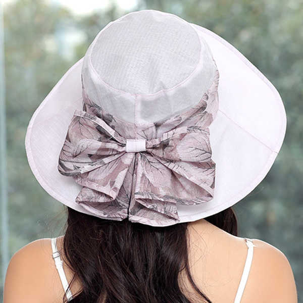 Women-Summer-Cotton-Wide-Brimmed-Hat-Packable-Beach-Bucket-Hats-Sunbonnet-With-Bowknot-1266953