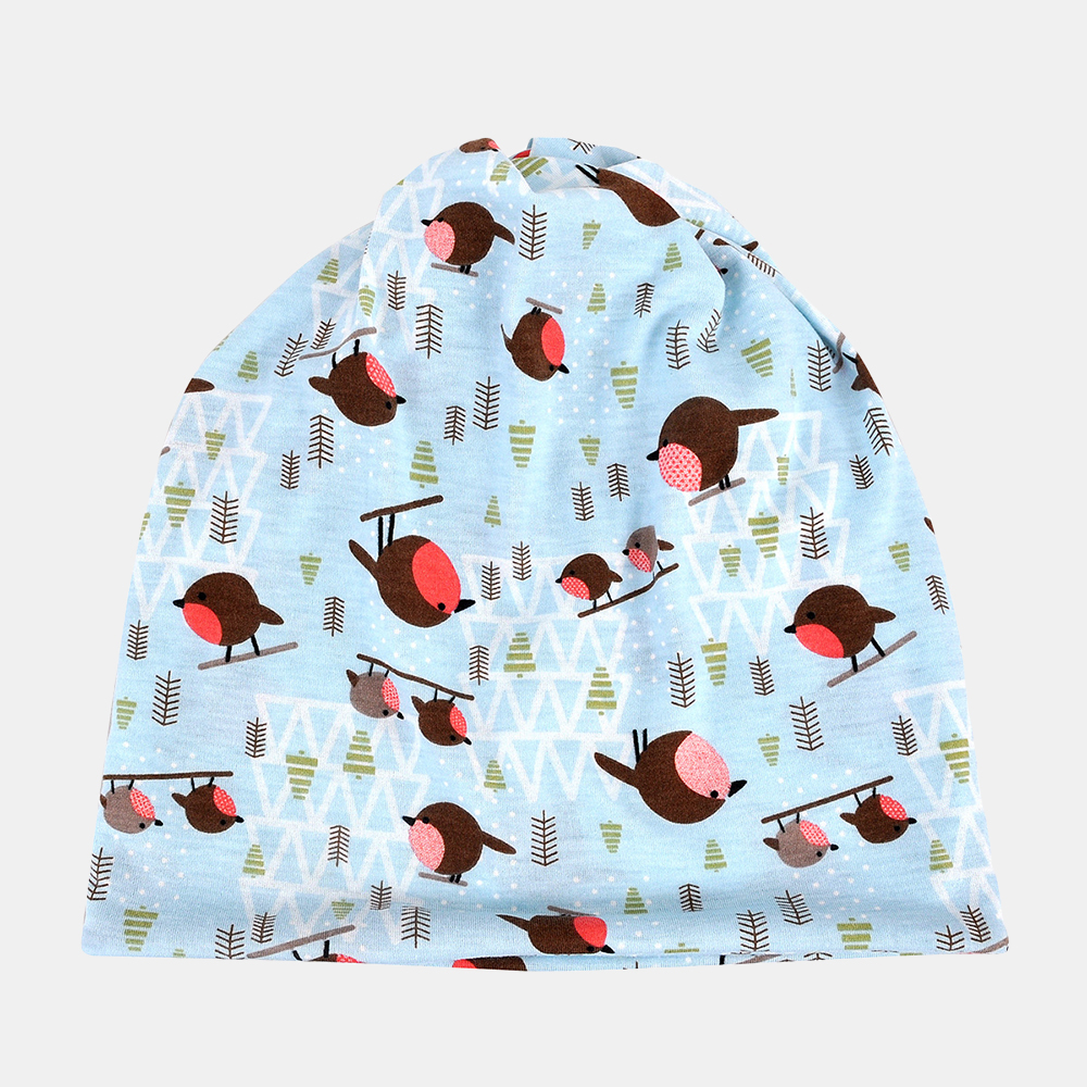 Women-Turban-Bib-Dual-purpose-Thin-Cotton-Bird-Pattern-Beanie-Hat-1540230