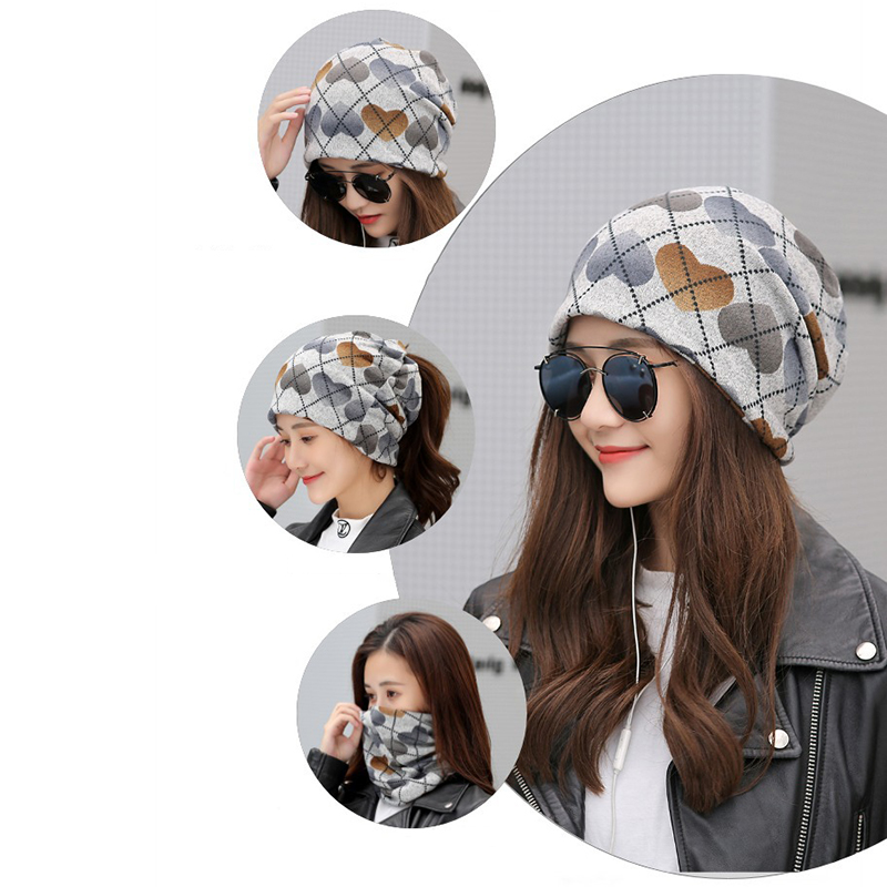 Women-Vintage-Multi-purpose-Plaid-Earmuffs-Beanie-Cap-Scarf-Outdoor-Double-Layers-Skullcap-1381333