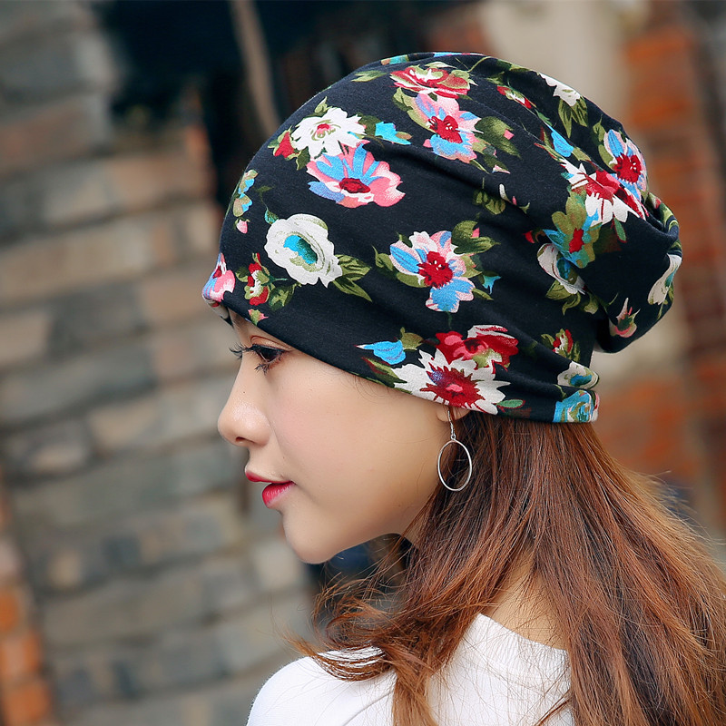 Women-Warm-Flower-Print-Dual-Use-Beanie-Scarf-Ponytail-Cap-1398589