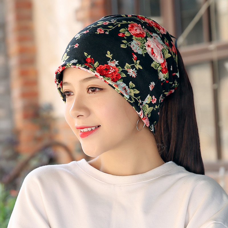 Women-Warm-Flower-Print-Dual-Use-Beanie-Scarf-Ponytail-Cap-1398589