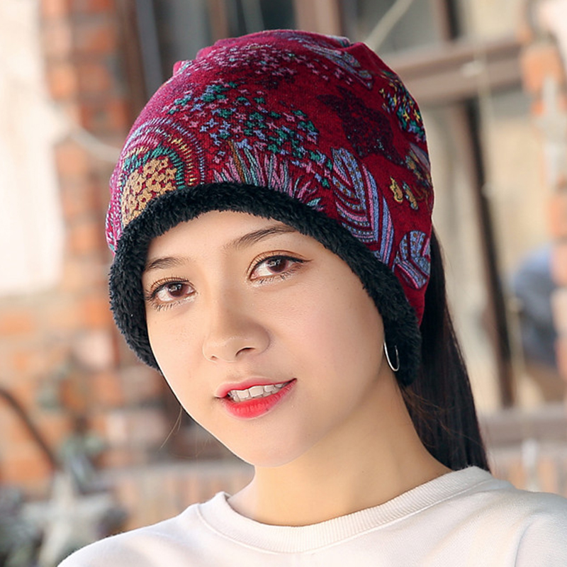 Women-Warm-Plus-Velvet-Thicken-Beanie-Hat-Collar-Cashmere-Fashion-Painting-Hat-1330027