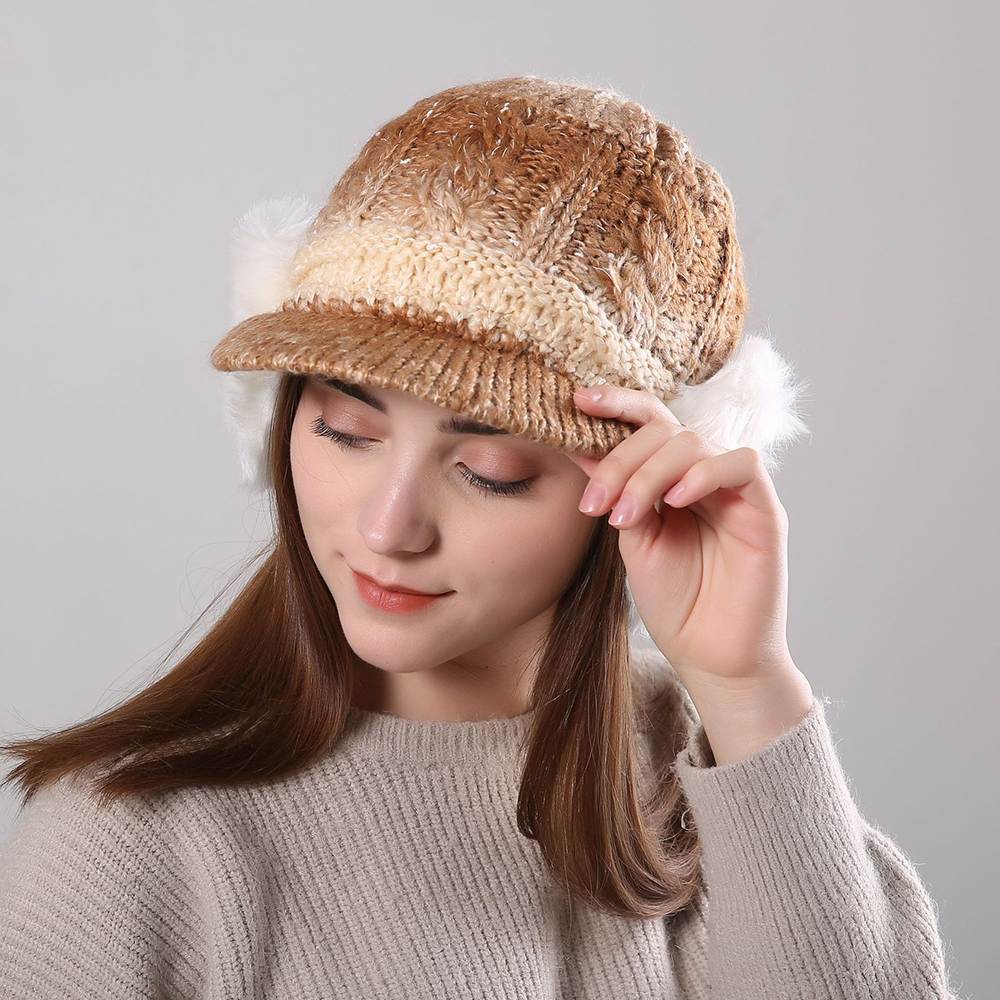 Women-Winter-Thickened-Warm-Gradient-Knitted-Hat-Earmuffs-Knit-Beret-Cap-1365557