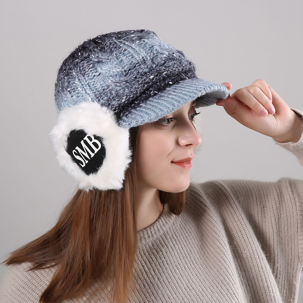 Women-Winter-Thickened-Warm-Gradient-Knitted-Hat-Earmuffs-Knit-Beret-Cap-1365557