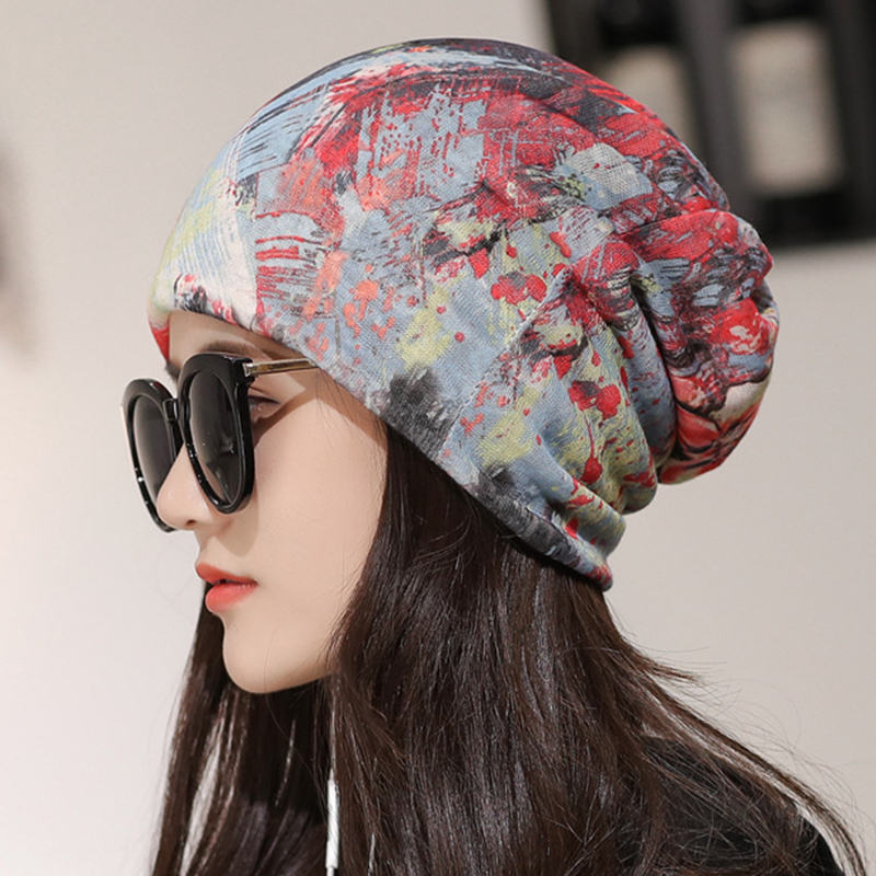 Womens-Double-Layers-Breathable-Multifunctional-Beanie-Caps-Collar-Fashion-Printting-Brimless-Hat-1354355