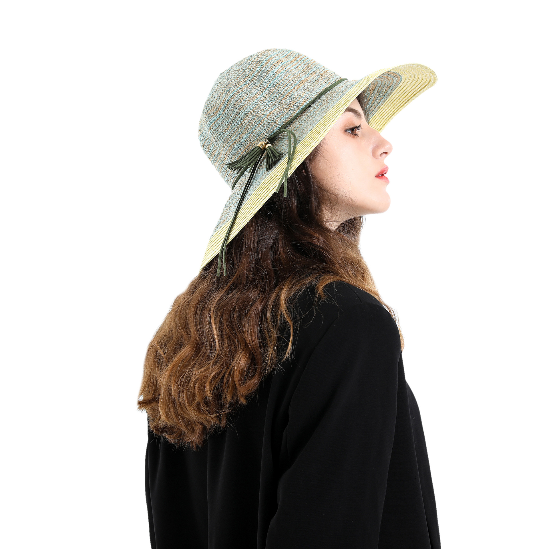 Womens-Two-tone-Stitching-Elegant-Seaside-Holiday-Sunshade-Woven-Straw-Hat-1509279