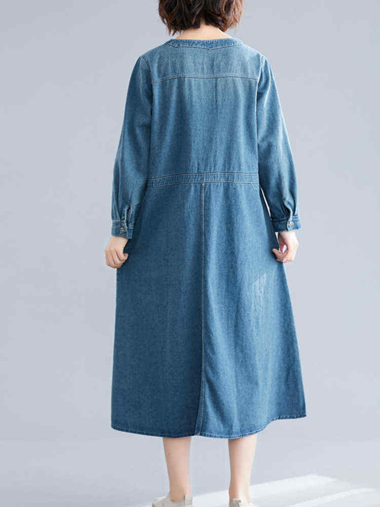 Casaul-V-neck-Long-Sleeve-Pockets-Denim-Dress-1528034