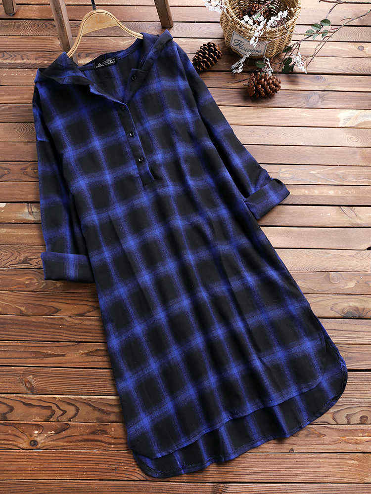 Casual-Grid-Long-Sleeve-Split-Hem-Hooded-Shirt-Dress-For-Women-1367482