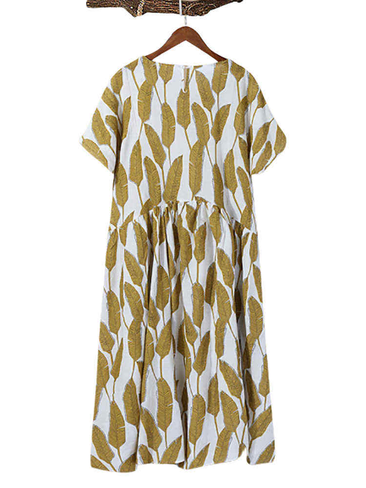 Casual-Leaves-Print-Patch-Crew-Neck-Dress-1541005