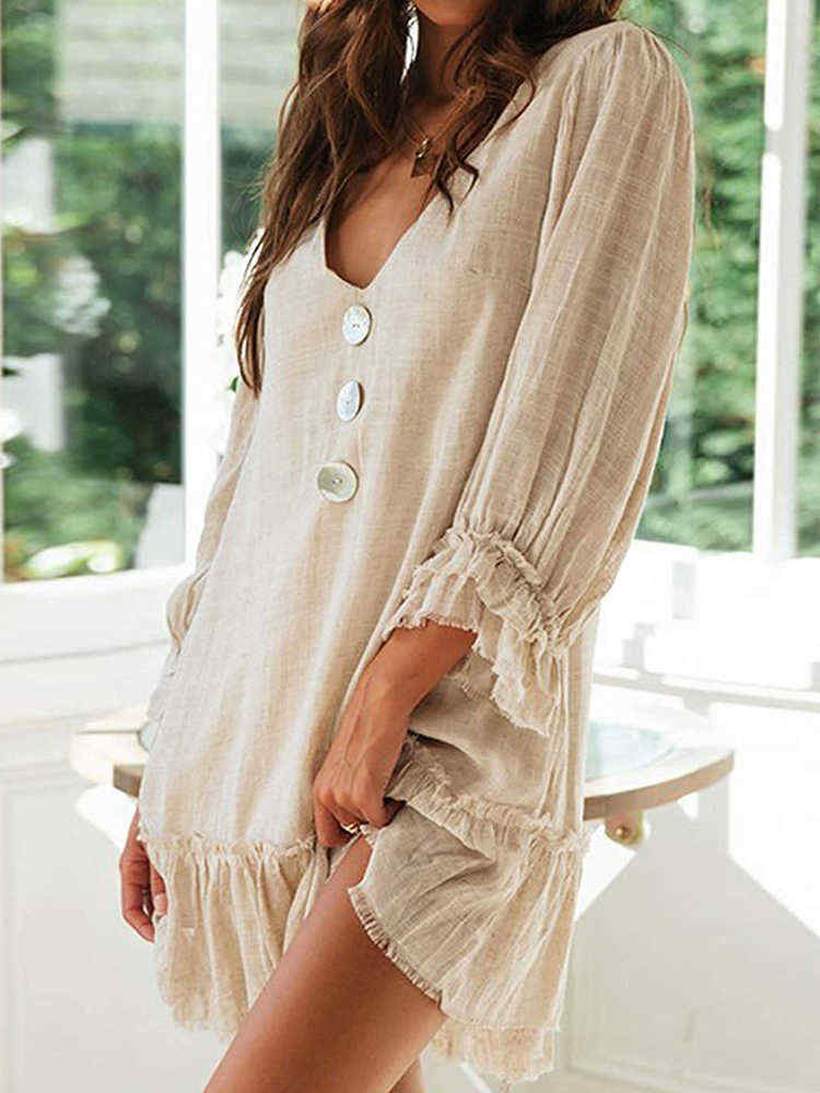 Casual-Solid-Color-Lace-V-neck-Long-Sleeve-Dress-1535193