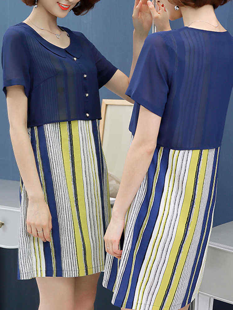 Casual-Women-False-Two-Pieces-Dress-Short-Sleeve-Vertical-Stripe-Chiffon-Dresses-1177730