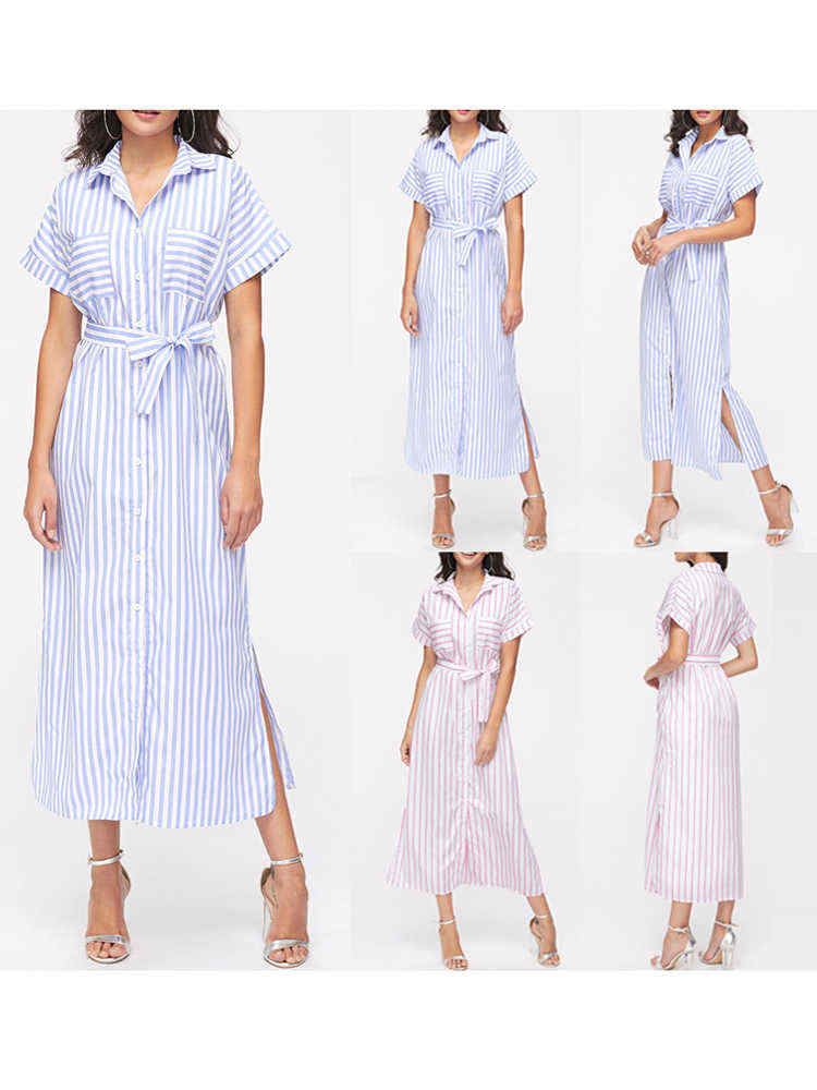 Casual-Women-Loose-Shirt-Dress-Stripe-Split-Side-Belt-Dress-with-Chest-Pockets-1184179