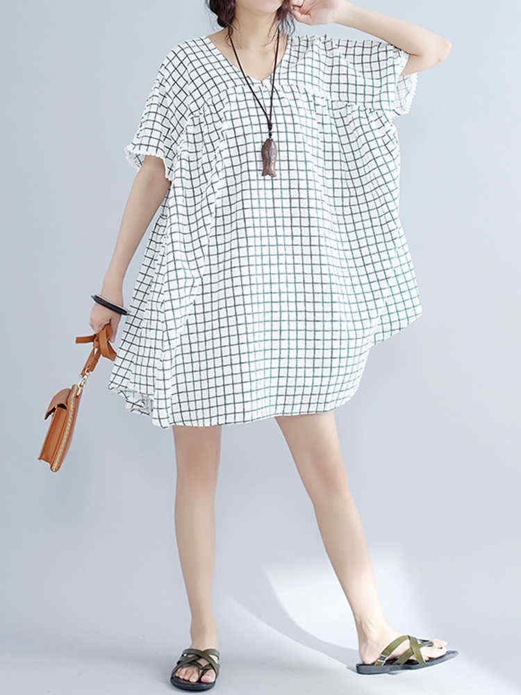 Casual-Women-Plaid-Dress-O-Neck-Short-Sleeve-Cotton-Linen-Dresses-1178575