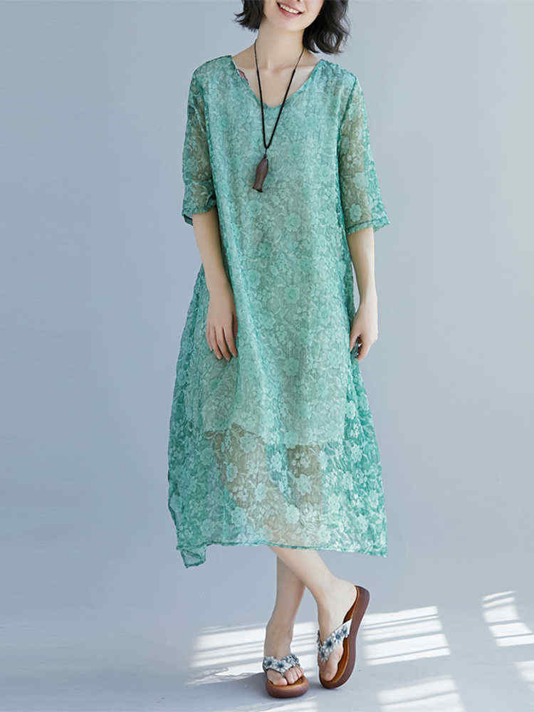 Elegant-Women-Floral-Print-Half-Sleeves-V-neck-Loose-Dress-1287412