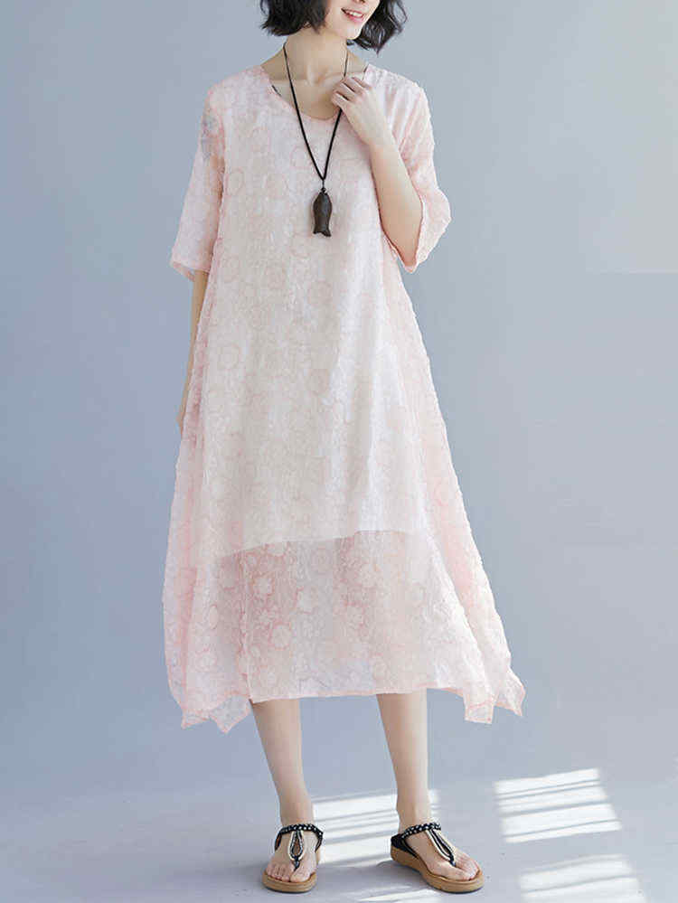 Elegant-Women-Floral-Print-Half-Sleeves-V-neck-Loose-Dress-1287412