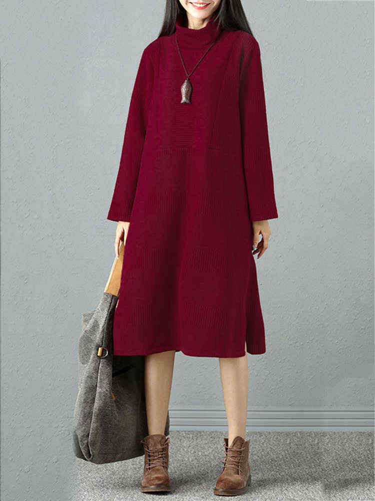 Elegant-Women-Pure-Color-High-Collar-Sweater-Dresses-1210322