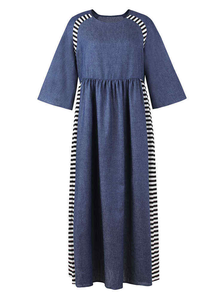 Elegant-Women-Stripe-Patchwork-Crew-Neck-Long-Dress-1414405