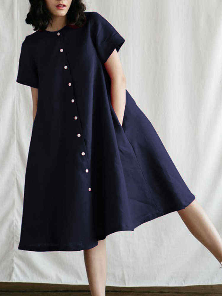 M-5XL-Vintage-Short-Sleeve-Button-Solid-Color-Dress-1407995