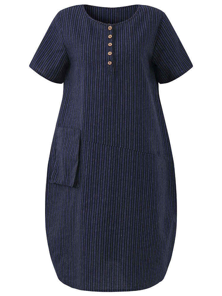 O-NEWE-Casual-Women-Striped-Pockets-Asymmetrical-Dress-1183626